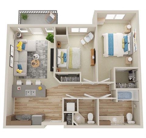 Floor plan for 2 beds, 1.5 baths, 849 sqft